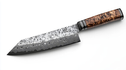 A single knife isolated on a white background, with a sharp metal blade 