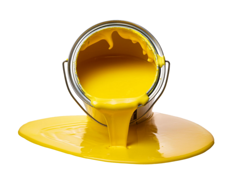 Bucket with yellow paint, paint running out, isolated on transparent background, cut out