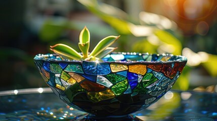 Stained glass window colorful vase with green leaves