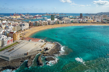 Playa de Las Canteras beach in Las Palmas town, Gran Canaria, Spain.