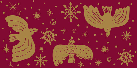 Hand drawn ornament seamless pattern with birds and snowflakes. Abstract trendy monochrome print.
