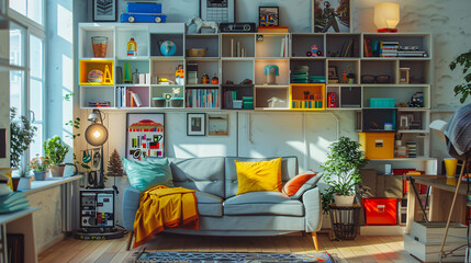 Messy living room interior with shelf units and a sofa near a light wall.