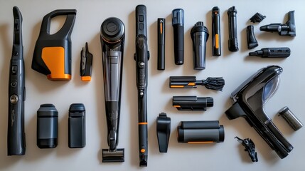 Collection of Modern Handheld Vacuum Cleaners and Accessories in Black and Orange Color Scheme Arranged on a White Background for Home Cleaning Solutions