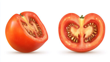 A ripe tomato cut in half, placed on a white background