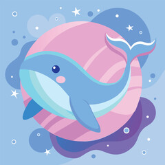 Cute little blue whale smiling brightly, pastel color, light blue and purple background with stars and bubbles around.