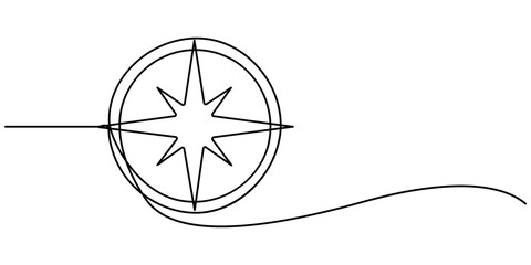 Traveller compass of different design. Single one line drawing equipment for exploration and navigation, One continuous line drawing of traveller compass. Old navigate and adventure symbol in simple  © line drawing