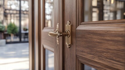 Obraz premium Elegant Close-Up of A Classic Wooden Door with Brass Handle Showcasing Architectural Detail and Surrounding Natural Light for Interior Design Inspiration