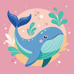 Cute little blue whale smiling brightly, pastel colors, light pink purple background, water spraying out of the whale and bubbles around it.