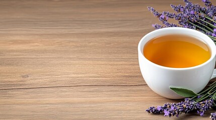 Obraz premium a photostock of a single teacup with herbal tea and a sprig of lavender, soothing still life 2025