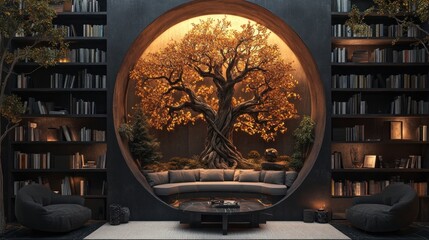Serene library with circular alcove, tree, seating, and bookshelves.