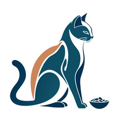 a vector silhouette of a cat sitting gracefully with its food bowl placed in front of her