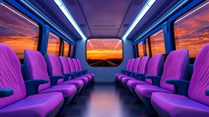 a photostock of a sleek train interior with geometric seats and soft lighting, comfortable commuting 2025