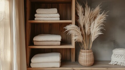 Cozy and Inviting Bathroom Shelf Arrangement with Soft Towels and Elegant Pampas Grass in a Modern Rustic Setting for Home Decor Inspiration