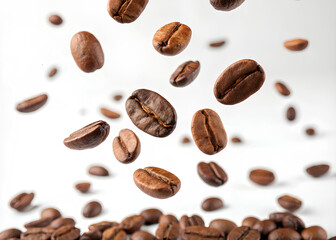 Obraz premium Flying Coffee beans on isolated white background