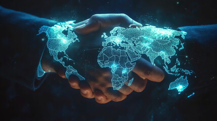 Two hands are reaching out for a digital handshake, set against a luminous world map, representing international cooperation and mutual agreement