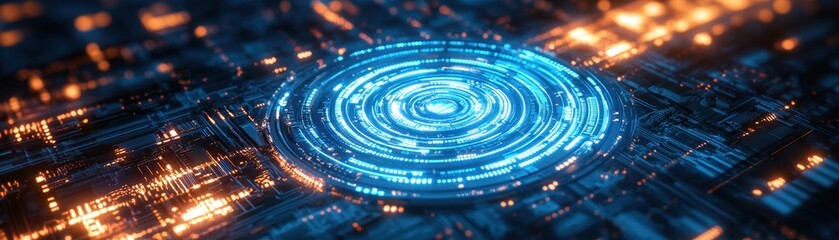 Futuristic Digital Circuit Board with Glowing Blue and Orange Lights in a High-Tech Abstract Design