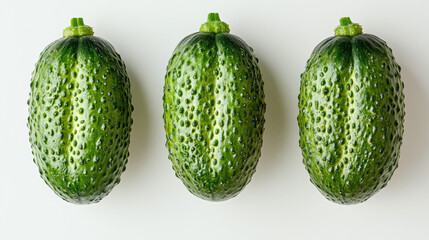 Three fresh cucumbers arranged on a white background