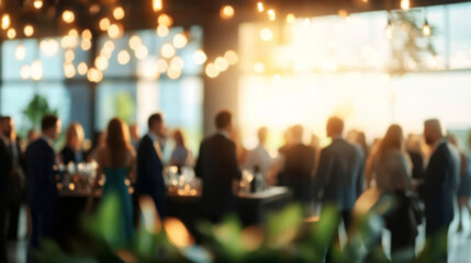 Business conference lobby with people standing and socializing, blurry background of professional figures in the distance