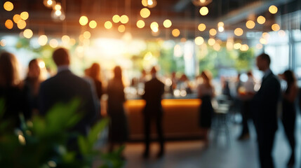 Business conference lobby with people standing and socializing, blurry background of professional figures in the distance