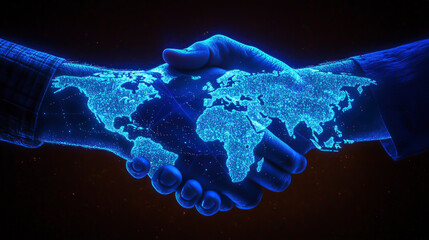 Hands engage in a handshake illuminated by a vibrant digital display of a world map, representing unity and cooperation in an interconnected era