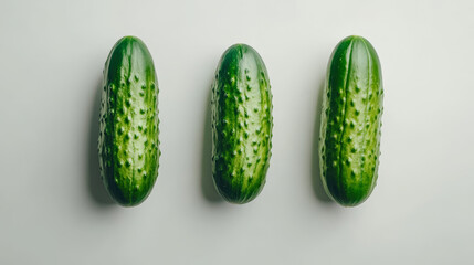 Three fresh cucumbers arranged on a white background