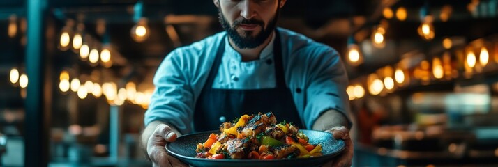 Naklejka premium Chef Presenting Appetizing Grilled Fish Dish with Colorful Roasted Vegetables in Restaurant Kitchen