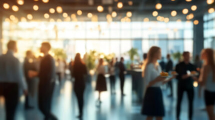 Business conference lobby with people standing and socializing, blurry background of professional figures in the distance
