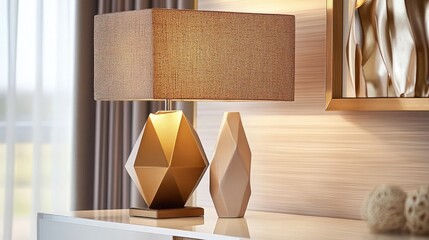 Elegant Geometric Table Lamp with Textured Shade on Modern Side Table in Bright Interior Setting with Decorative Elements and Soft Natural Light