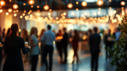 Business conference lobby with people standing and socializing, blurry background of professional figures in the distance