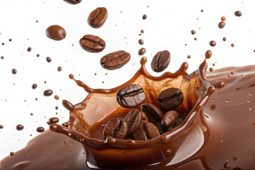 Roasted coffee beans being splashed through a wave of coffee liquid