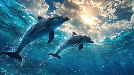 Naklejka premium Dolphins swimming gracefully underwater ocean environment nature photography serene viewpoint marine life concept