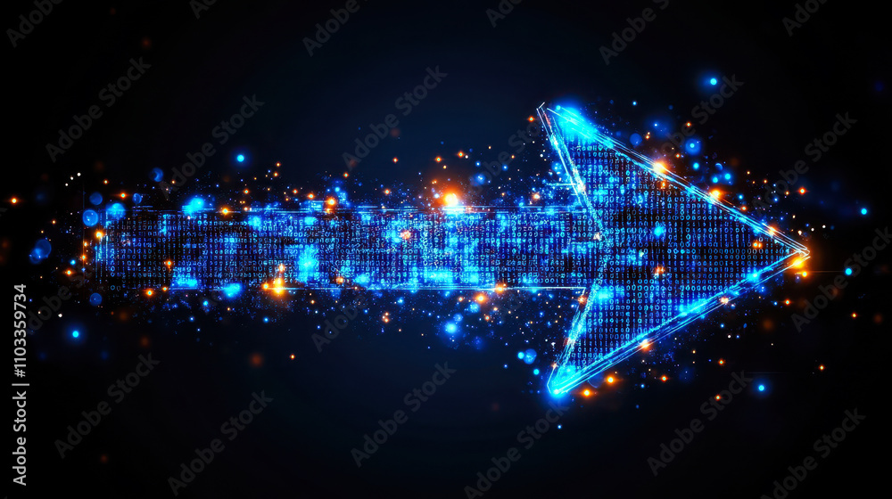 Poster digital arrow in vibrant blue matrix binary code with pixelated motifs background