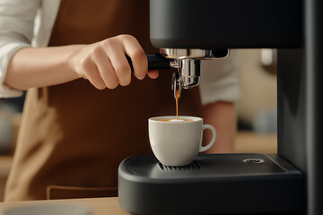 Barista pulling a fresh espresso shot into a white cup using a professional coffee machine in a modern cafe