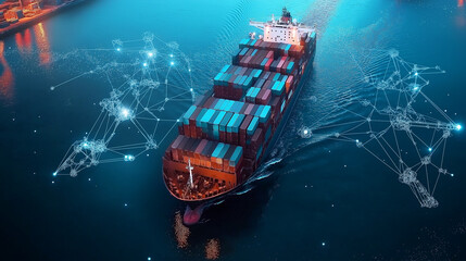 Cargo container ships utilize technology for global logistics, bussiness, Ai