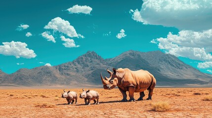 Obraz premium Rhinos grazing in arid desert landscape namibia wildlife photography natural environment wide angle conservation awareness