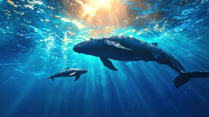 Fototapeta premium Whales swimming gracefully in the ocean underwater photography natural habitat serene environment aquatic life concepts