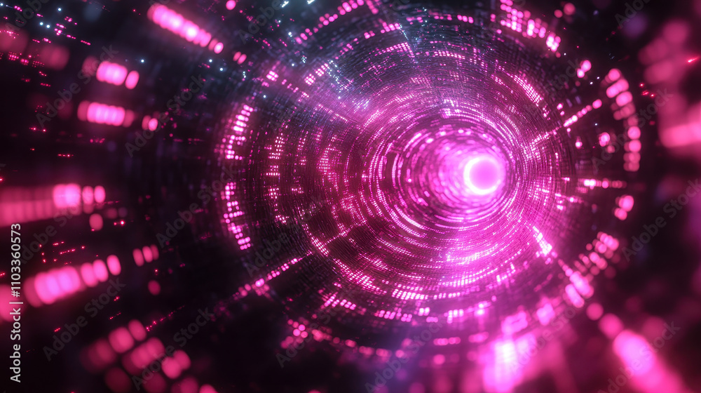 Poster futuristic pink binary code matrix with digital portal gateway in cyber space