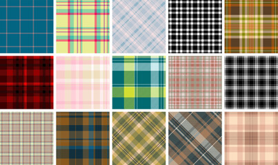 A collection of plaid patterns with colorful checks, ideal for textile, fabric, clothing, or celtic-inspired backgrounds.