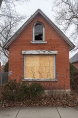 Boarded Up Window on Brick House in the Street. Urban Decay Concept