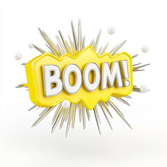 Bright and vibrant yellow text BOOM! with dynamic explosion effect, surrounded by spikes and white spheres, creating energetic and impactful visual