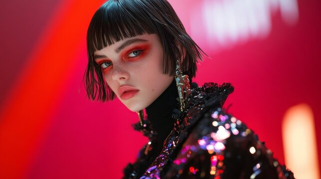 Future Fashion: Androgynous Teen in Avant-Garde Outfit on Red Carpet Striking a Dynamic Pose with Bold Haircut