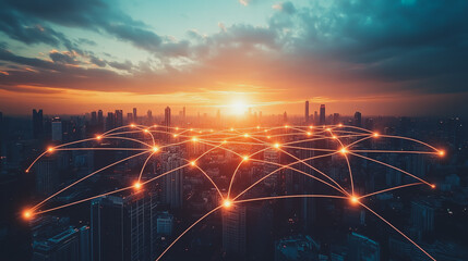 Smart digital city with connection cyber security network reciprocity over the cityscape . future smart wireless digital city and social media networking systems that connects people within the city
