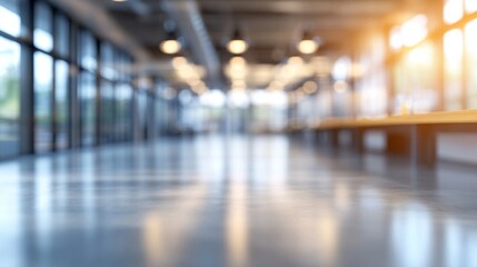 Obraz premium Blurred Interior, Modern Office Corridor, Large Windows and Sunlight Reflections On Floor