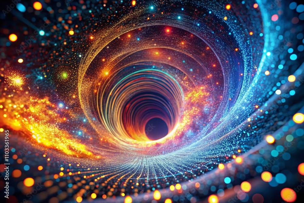 Poster a mesmerizing vortex of glowing particles in a futuristic 3d tunnel: abstract digital background for