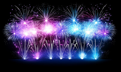 Naklejka premium stunning display of colorful fireworks lighting up night sky, creating vibrant and festive atmosphere. bright bursts of pink, blue, and white sparkles evoke joy and celebration