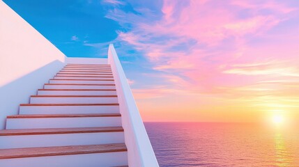 Serene sunset over ocean tranquil stairs leading upward aesthetic landscape peaceful atmosphere inspiring viewpoint nature concept