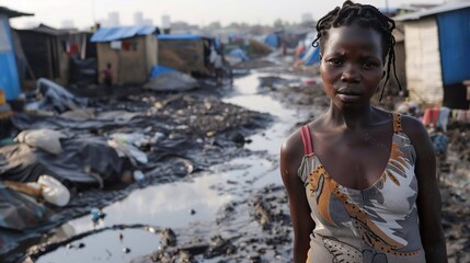 A young woman stands in a polluted area of an urban slum affected by a cholera outbreak