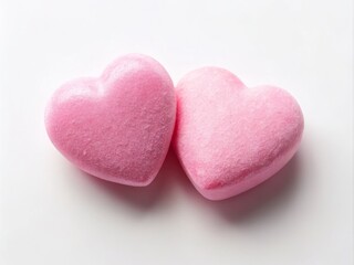 Fototapeta premium Aerial Photography of Two Pink Valentine's Candy Hearts on a Soft White Background, Perfect for Celebrating Love and Affection During Valentine's Day or Romantic Occasions
