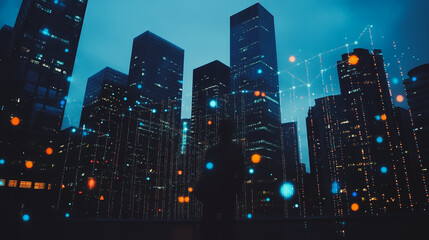 Obraz premium Smart digital city with connection cyber security network reciprocity over the cityscape . future smart wireless digital city and social media networking systems that connects people within the city