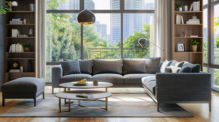 Modern living room interior featuring grey sofas, a window, and a shelving unit.